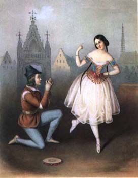 Carlotta Grisi and Jules Perrot in the ballet "Esmeralda". Litography by J.Bouvier. 1844.