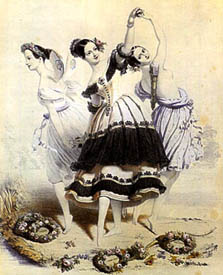 Carlotta Grisi, Fanny Elssler and Fanny Cherrito in "Grazii". Litography by J.Bouvier. 1844.