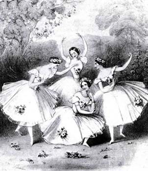 Carlotta Grisi, Maria Taglioni, Lusilie Grahn, Fanny Cherrito. Litography by J.Bouvier. 1845.