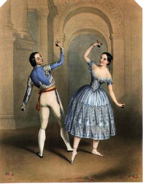 Fanny Elssler and Jules Perrot in"Bolero". Litography by J.Bouvier. 1843.
