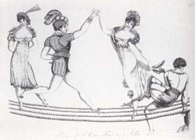 Old etching of the dancers of the grotesque style. The end of XVIII c. Vienna.