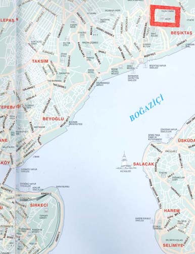 The Map of Stambul. Yildiz-Kiosk is marked with red rectangle.
